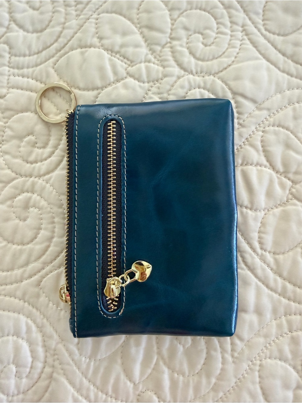 Teal Leather Zip Wallet with Gold Hardware